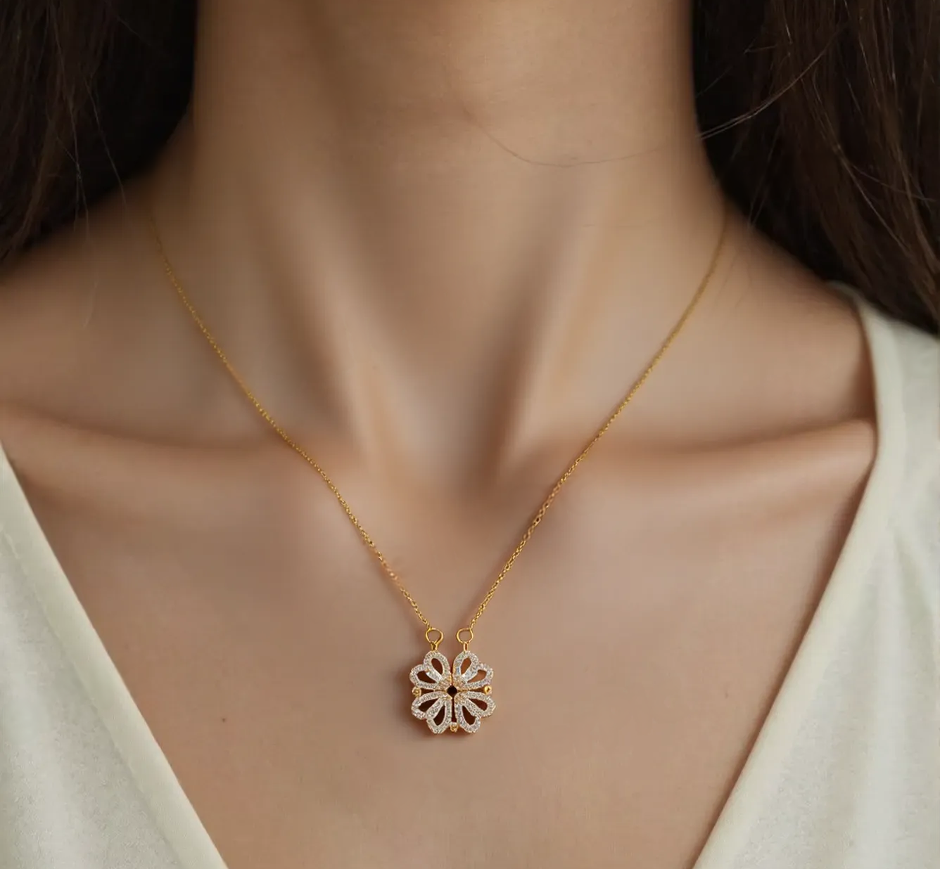 Delicate Floral Gold-Plated Pendant Necklace with Sparkling Stones